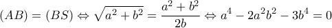  \displaystyle \left( {AB} \right) = \left( {BS} \right) \Leftrightarrow \sqrt {{a^2} + {b^2}}  = \frac{{{a^2} + {b^2}}}{{2b}} \Leftrightarrow {a^4} - 2{a^2}{b^2} - 3{b^4} = 0