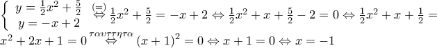 \begin{array}{l} 
\left\{ {\begin{array}{*{20}{c}} 
{y = \frac{1}{2}{x^2} + \frac{5}{2}}\\ 
{y =  - x + 2} 
\end{array}} \right.\mathop  \Leftrightarrow \limits^{\left(  =  \right)} \frac{1}{2}{x^2} + \frac{5}{2} =  - x + 2 \Leftrightarrow \frac{1}{2}{x^2} + x + \frac{5}{2} - 2 = 0 \Leftrightarrow \frac{1}{2}{x^2} + x + \frac{1}{2} = \\ 
{x^2} + 2x + 1 = 0\mathop  \Leftrightarrow \limits^{\tau \alpha \upsilon \tau \tau \eta \tau \alpha } {\left( {x + 1} \right)^2} = 0 \Leftrightarrow x + 1 = 0 \Leftrightarrow x =  - 1 
\end{array}