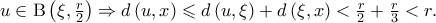 u \in {\rm B}\left( {\xi ,\frac{r}
{2}} \right) \Rightarrow d\left( {u,x} \right) \leqslant d\left( {u,\xi } \right) + d\left( {\xi ,x} \right) < \frac{r}{2} + \frac{r}{3} < r. u \in {\rm B}\left( {\xi ,\frac{r}
{2}} \right) \Rightarrow d\left( {u,x} \right) \leqslant d\left( {u,\xi } \right) + d\left( {\xi ,x} \right) < \frac{r}{2} + \frac{r}{3} < r.