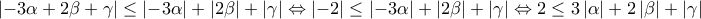 \displaystyle{ 
\left| { - 3\alpha  + 2\beta  + \gamma } \right| \le \left| { - 3\alpha } \right| + \left| {2\beta } \right| + \left| \gamma  \right| \Leftrightarrow \left| { - 2} \right| \le \left| { - 3\alpha } \right| + \left| {2\beta } \right| + \left| \gamma  \right| \Leftrightarrow 2 \le 3\left| \alpha  \right| + 2\left| \beta  \right| + \left| \gamma  \right| 
}