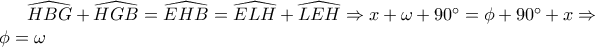 \widehat{HBG}+\widehat{HGB}=\widehat{EHB}=\widehat{ELH}+\widehat{LEH} \Rightarrow x+\omega+90^\circ=\phi+90^\circ+x \Rightarrow \phi=\omega
