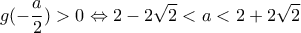 \displaystyle{g(-\frac{a}{2})>0\Leftrightarrow 2-2\sqrt{2}<a<2+2\sqrt{2}}