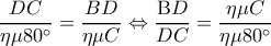  \displaystyle \frac{{DC}}{{\eta \mu 80^\circ }} = \frac{{BD}}{{\eta \mu C}} \Leftrightarrow \frac{{{\rm B}D}}{{DC}} = \frac{{\eta \mu C}}{{\eta \mu 80^\circ }}