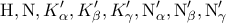 \displaystyle{ 
{\rm H},{\rm N},K'_\alpha  ,K'_\beta  ,K'_\gamma  ,{\rm N}'_\alpha  ,{\rm N}'_\beta  ,{\rm N}'_\gamma   
}