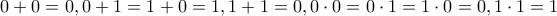 0+0=0, 0+1=1+0=1,1+1=0, 0\cdot 0= 0\cdot 1= 1\cdot 0 =0, 1\cdot 1=1