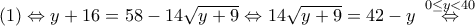 \left( 1 \right)\Leftrightarrow y+16=58-14\sqrt{y+9}\Leftrightarrow 14\sqrt{y+9}=42-y\,\,\,\overset{0\le y<40}{\mathop{\Leftrightarrow }}\,