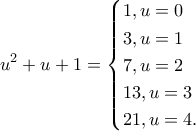 \displaystyle{u^2+u+1= \begin{cases} 1, u=0 \\
3,u=1\\
7,u=2 \\
13,u=3\\
21,u=4.
\end{cases}
} \displaystyle{u^2+u+1= \begin{cases} 1, u=0 \\
3,u=1\\
7,u=2 \\
13,u=3\\
21,u=4.
\end{cases}
}