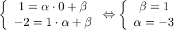 \displaystyle \left\{ \begin{array}{c} 
1 = \alpha  \cdot 0 + \beta \\ 
 - 2 = 1 \cdot \alpha  + \beta  
\end{array} \right. \Leftrightarrow \left\{ \begin{array}{c} 
\beta  = 1\\ 
\alpha  =  - 3 
\end{array} \right.