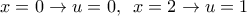 x=0\to u=0,\,\,\,x=2\to u=1