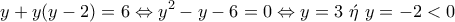 \displaystyle{y+y(y-2)=6\Leftrightarrow y^2-y-6=0\Leftrightarrow y=3~\acute{\eta}~y=-2<0}