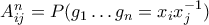 A^n_{ij} = P(g_1 \ldots g_n = x_ix_j^{-1})