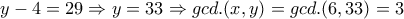 y-4=29 \Rightarrow y=33 \Rightarrow gcd.(x,y)=gcd.(6,33)=3