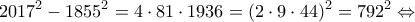 \displaystyle{{2017^2} - {1855^2} = 4 \cdot 81 \cdot 1936 = {(2 \cdot 9 \cdot 44)^2} = {792^2} \Leftrightarrow }