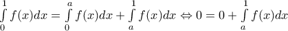 \int\limits_0^1f(x)dx=\int\limits_0^af(x)dx+\int\limits_a^1f(x)dx\Leftrightarrow 0=0+\int\limits_a^1f(x)dx