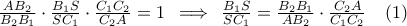 \frac{AB_{2}}{B_{2}B_{1}} \cdot \frac{B_{1}S}{SC_{1}} \cdot \frac{C_{1}C_{2}}{C_{2}A}=1\,\implies \, \frac{B_{1}S}{SC_{1}}= \frac{B_{2}B_{1}}{AB_{2}} \cdot \frac{C_{2}A}{C_{1}C_{2}}\quad (1)
