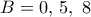 B=0,\, 5, \ 8