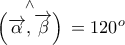 \overset{\wedge }{\mathop{\left( \overrightarrow{\alpha },\overrightarrow{\beta } \right)}}\,={{120}^{o}}