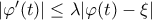 |\varphi'(t)|\leq \lambda |\varphi(t)-\xi|