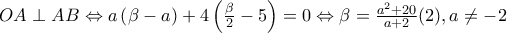 OA\perp AB\Leftrightarrow a\left ( \beta -a \right )+4\left ( \frac{\beta }{2} -5\right )=0\Leftrightarrow \beta =\frac{a^{2}+20}{a+2}(2),a\neq -2 OA\perp AB\Leftrightarrow a\left ( \beta -a \right )+4\left ( \frac{\beta }{2} -5\right )=0\Leftrightarrow \beta =\frac{a^{2}+20}{a+2}(2),a\neq -2
