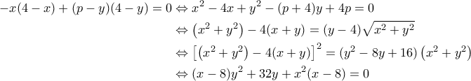 \displaystyle{ 
\begin{aligned} 
-x(4 - x) + (p - y)(4 - y) = 0 
&\Leftrightarrow x^2 - 4x + y^2 - (p + 4)y + 4p = 0 \\ 
&\Leftrightarrow \left(x^2 + y^2 \right) - 4(x + y) = (y - 4) \sqrt{x^2 + y^2} \\ 
&\Leftrightarrow \left[ \left(x^2 + y^2 \right) - 4(x + y) \right]^2 = (y^2 - 8y + 16) \left( x^2 + y^2 \right) \\ 
&\Leftrightarrow (x - 8)y^2 + 32y + x^2(x - 8) = 0 
\end{aligned} 
}