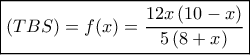 \boxed{\left( {TBS} \right) = f(x) = \dfrac{{12x\left( {10 - x} \right)}}{{5\left( {8 + x} \right)}}}