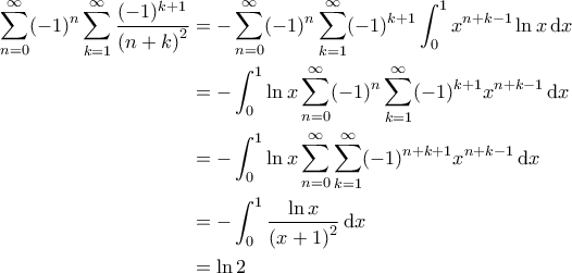 \displaystyle{\begin{aligned} 
\sum_{n=0}^{\infty} (-1)^n \sum_{k=1}^{\infty} \frac{(-1)^{k+1}}{\left ( n+k \right )^2} &= -\sum_{n=0}^{\infty} (-1)^n \sum_{k=1}^{\infty} (-1)^{k+1} \int_{0}^{1} x^{n+k-1} \ln x \, \mathrm{d}x\\  
 &= -\int_{0}^{1} \ln x \sum_{n=0}^{\infty} (-1)^n \sum_{k=1}^{\infty} (-1)^{k+1} x^{n+k-1} \, \mathrm{d}x\\  
 &= -\int_{0}^{1} \ln x \sum_{n=0}^{\infty}  \sum_{k=1}^{\infty} (-1)^{n+k+1} x^{n+k-1} \, \mathrm{d}x \\ 
 &= -\int_{0}^{1}\frac{\ln x}{\left (x+1  \right )^2} \, \mathrm{d}x \\ 
 &=\ln 2 
\end{aligned}}