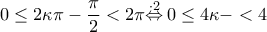 \displaystyle{0\le 2\kappa \pi -\frac{\pi }{2}<2\pi \overset{\cdot 2}{\mathop{\Leftrightarrow }}\,0\le 4\kappa -<4}