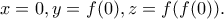 \displaystyle{x=0, y=f(0), z=f(f(0)).}