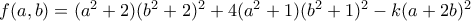 f(a,b)=(a^2+2)(b^2+2)^2+4(a^2+1)(b^2+1)^2-k(a+2b)^2