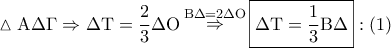 \vartriangle {\rm A}\Delta \Gamma  \Rightarrow \Delta {\rm T} = \dfrac{2}{3}\Delta {\rm O}\mathop  \Rightarrow \limits^{{\rm B}\Delta  = 2\Delta {\rm O}} \boxed{\Delta {\rm T} = \dfrac{1}{3}{\rm B}\Delta }:\left( 1 \right)