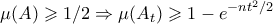 \displaystyle{ \mu(A) \geqslant 1/2 \Rightarrow \mu(A_t) \geqslant 1 - e^{-nt^2/2}} \displaystyle{ \mu(A) \geqslant 1/2 \Rightarrow \mu(A_t) \geqslant 1 - e^{-nt^2/2}}