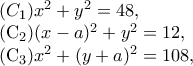 (C_{1}) x^{2}+y^{2}=48, 
 
(C_{2}) (x-a)^{2}+y^{2}=12, 
 
(C_{3}) x^{2}+(y+a)^{2}=108,