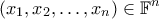 \displaystyle \left ( x_{1},x_{2},\ldots, x_{n} \right )\in \mathbb{F}^{n}