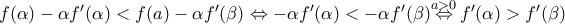f(\alpha )-\alpha {f}'(\alpha )<f(a)-\alpha {f}'(\beta )\Leftrightarrow -\alpha {f}'(\alpha )<-\alpha {f}'(\beta )\overset{a>0}{\mathop{\Leftrightarrow }}\,{f}'(\alpha )>{f}'(\beta )