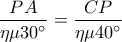 \displaystyle\frac{{PA}}{{\eta \mu 30^\circ }} = \frac{{CP}}{{\eta \mu 40^\circ }}