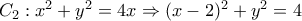 C_2:x^2+y^2=4x \Rightarrow (x-2)^2+y^2=4