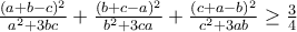 \frac{(a+b-c)^2}{a^2+3bc}+\frac{(b+c-a)^2}{b^2+3ca}+\frac{(c+a-b)^2}{c^2+3ab}\ge \frac{3}{4} \frac{(a+b-c)^2}{a^2+3bc}+\frac{(b+c-a)^2}{b^2+3ca}+\frac{(c+a-b)^2}{c^2+3ab}\ge \frac{3}{4}
