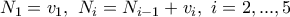 \displaystyle{N_1=v_1,~N_{i}=N_{i-1}+v_i,~i=2,...,5}