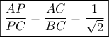 \boxed{\frac{{AP}}{{PC}} = \frac{{AC}}{{BC}} = \frac{1}{{\sqrt 2 }}}
