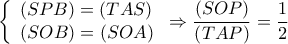  \displaystyle \left\{ \begin{array}{l} 
\left( {SPB} \right) = \left( {TAS} \right)\\ 
\left( {SOB} \right) = \left( {SOA} \right) 
\end{array} \right. \Rightarrow \frac{{\left( {SOP} \right)}}{{\left( {TAP} \right)}} = \frac{1}{2}