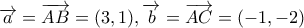 \displaystyle{\overrightarrow a  = \overrightarrow {AB}  = (3,1),\overrightarrow b  = \overrightarrow {AC}  = ( - 1, - 2)}