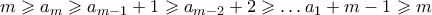 m \geqslant a_m \geqslant a_{m-1}+1 \geqslant a_{m-2}+2 \geqslant \ldots a_1+m-1 \geqslant m