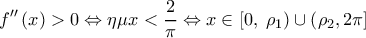  \displaystyle  f''\left( x \right) > 0 \Leftrightarrow \eta \mu x < \frac{2}{\pi } \Leftrightarrow x \in \left[ {0,\;{\rho _1}} \right) \cup \left( {{\rho _2},2\pi } \right]