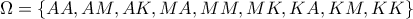 \Omega =\{AA, AM, AK, MA, MM, MK, KA, KM, KK\}