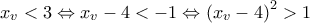 \displaystyle{{{x}_{v}}<3\Leftrightarrow {{x}_{v}}-4<-1\Leftrightarrow {{\left( {{x}_{v}}-4 \right)}^{2}}>1} \displaystyle{{{x}_{v}}<3\Leftrightarrow {{x}_{v}}-4<-1\Leftrightarrow {{\left( {{x}_{v}}-4 \right)}^{2}}>1}