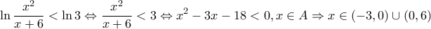 \displaystyle \ln \frac{{{x^2}}}{{x + 6}} < \ln 3 \Leftrightarrow \frac{{{x^2}}}{{x + 6}} < 3 \Leftrightarrow {x^2} - 3x - 18 < 0,x \in A \Rightarrow x \in ( - 3,0) \cup (0,6) \displaystyle \ln \frac{{{x^2}}}{{x + 6}} < \ln 3 \Leftrightarrow \frac{{{x^2}}}{{x + 6}} < 3 \Leftrightarrow {x^2} - 3x - 18 < 0,x \in A \Rightarrow x \in ( - 3,0) \cup (0,6)