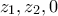 \displaystyle{{z_1},{\rm{ }}{z_2},0}