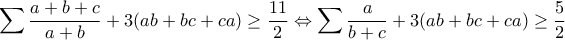 \displaystyle{\sum\frac{a+b+c}{a+b}+3(ab+bc+ca)\geq\frac{11}{2}\Leftrightarrow \sum\frac{a}{b+c}+3(ab+bc+ca)\geq\frac{5}{2}}