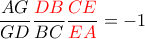 \dfrac {AG}{GD} \dfrac {{\color {red} DB}}{BC} \dfrac {{\color {red}  CE}}{{\color {red} EA}} =-1