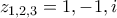 \displaystyle{{z_{1,2,3}} = 1, - 1,i}